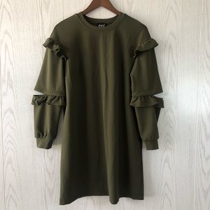 NWT ECI New York Ruffle Detail Long Sleeve Dress Olive Size 6